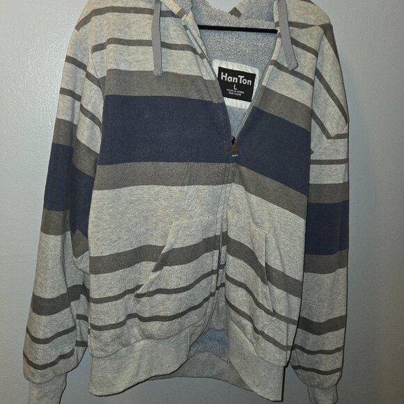Mens Han Ton Blue Gray Striped Zip Hoodie Lined Size Large - Picture 1 of 6